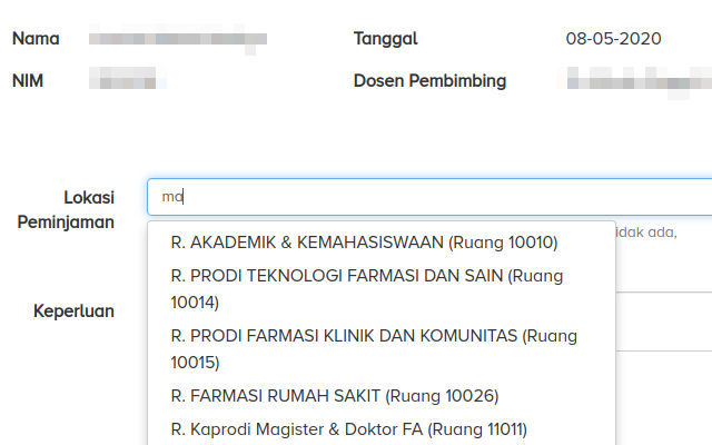 Auto complete pada isian 'Lokasi Peminjaman'