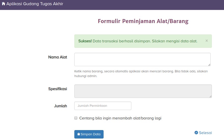 Halaman formulir peminjaman alat/barang